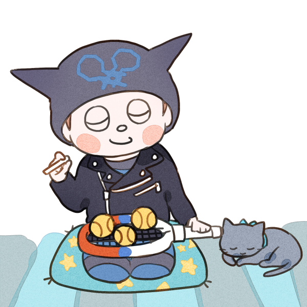 1boy animal_ear_headwear animal_ears ball beanie black_hat black_jacket black_jumpsuit black_sleeves blue_bow blue_jumpsuit blush_stickers bow brown_hair buttons carpet cat cat_ears cigarette closed_eyes closed_mouth collared_jacket commentary_request cushion danganronpa_(series) danganronpa_v3:_killing_harmony fake_animal_ears full_body hat holding holding_cigarette holding_tennis_racket hoshi_ryoma jacket jumpsuit kogarashi_8 leather leather_jacket long_sleeves male_focus partial_commentary pocket prison_clothes racket seiza short_hair simple_background sitting smile solo star_(symbol) star_print striped_jumpsuit tennis_ball tennis_racket two-tone_jumpsuit very_short_hair white_background zabuton zipper zipper_pull_tab