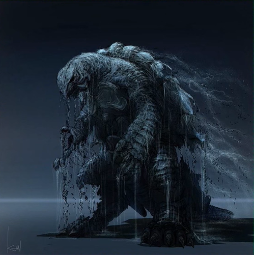 artist_name ashes black_background claws concept_art dust engi_(animation_studio) gamera gamera_(series) gamera_-rebirth- giant giant_monster grey_background kadokawa kaiju light_particles monster no_humans official_art particles signature simple_background soot tail takahama_kan turtle tusks two-tone_background wind
