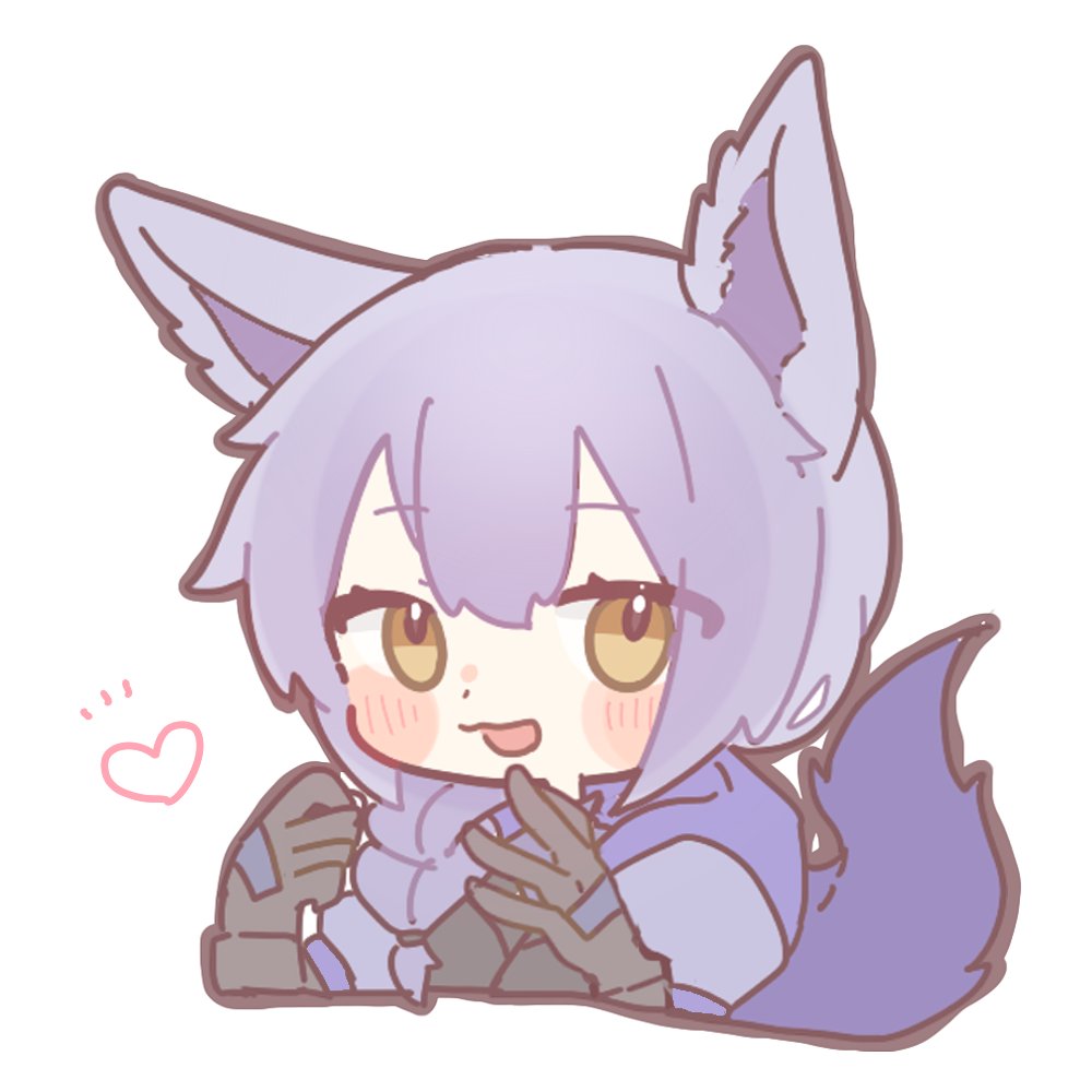 1girl :d animal_ears arknights black_gloves black_outline blush_stickers chi_nata commentary cropped_torso gloves heart looking_at_viewer medium_hair open_mouth outline provence_(arknights) purple_hair purple_tail simple_background smile solo split_mouth tail tail_raised white_background yellow_eyes