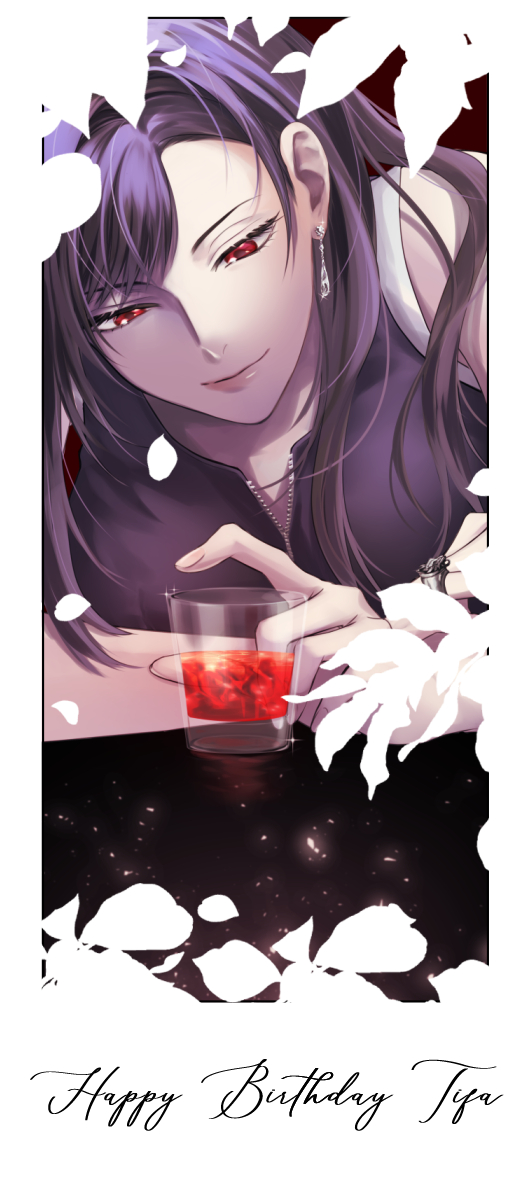 1girl bare_shoulders birthday black_hair black_vest branch character_name closed_mouth commentary cup drinking_glass earrings english_commentary falling_petals final_fantasy final_fantasy_vii final_fantasy_vii_advent_children hair_behind_ear happy_birthday jewelry lips long_hair minatoyatonami petals pink_lips red_eyes single_earring smile solo tifa_lockhart upper_body vest zipper