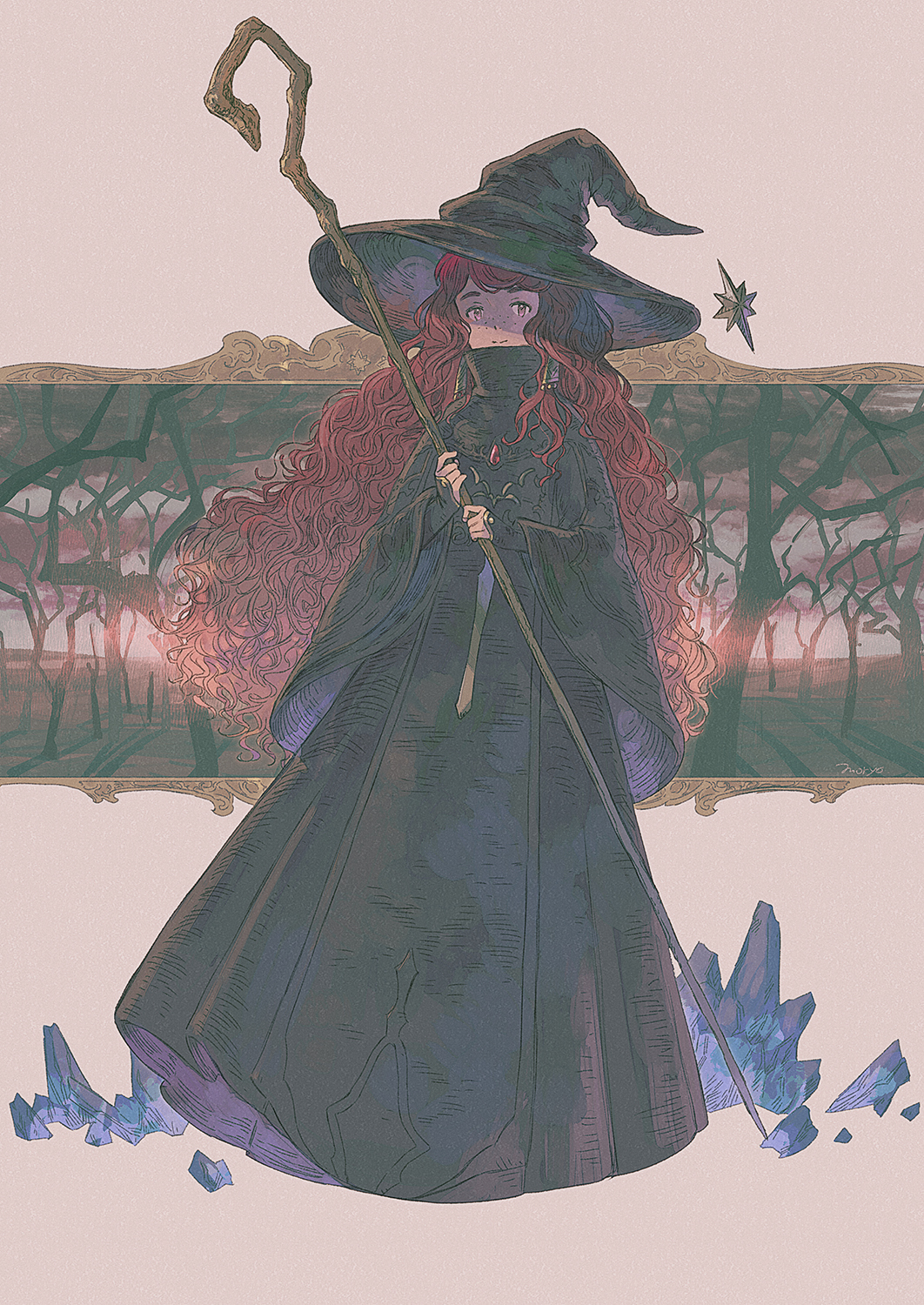 1girl black_dress black_hat crystal curly_hair dress earrings freckles full_body hat highres holding holding_staff jewelry long_hair long_sleeves moryo original red_hair shadow solo staff standing very_long_hair wide_sleeves witch_hat