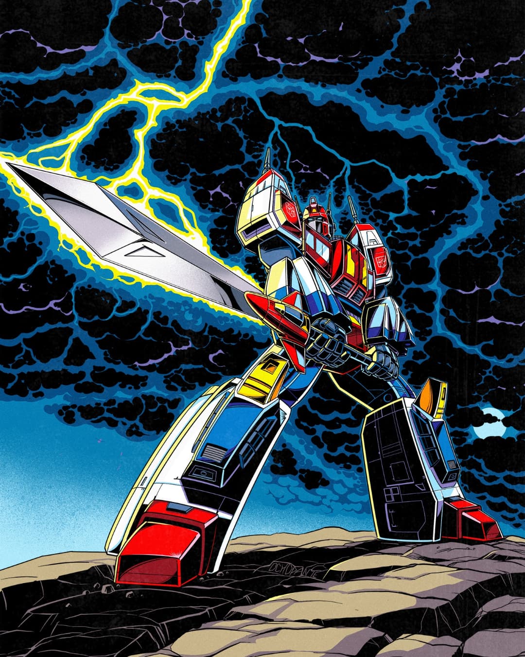 autobot blue_eyes cloud cloudy_sky commentary commission english_commentary full_body full_moon highres holding holding_sword holding_weapon insignia legs_apart lightning looking_at_viewer mecha mecha_focus moon night no_humans ochopante robot science_fiction sky solo standing star_saber_(transformers) sunrise_stance sword transformers transformers_victory weapon