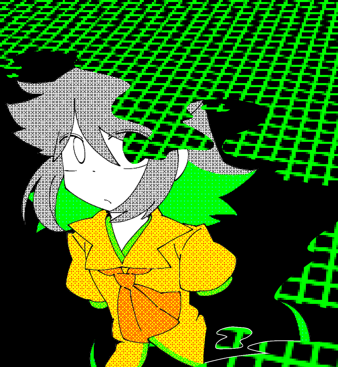 1other androgynous armband black_background closed_mouth coat dithering green_trim grey_eyes grey_hair grid highres houlen_yabusame layered_sleeves len&#039;en long_sleeves other_focus priswocaer shirt short_hair short_over_long_sleeves short_sleeves yellow_armband yellow_shirt