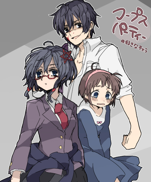 1boy 2girls black_hair blazer blood blood_on_face brown_hair corpse_party dress glasses hair_ornament hairband itukik jacket kizami_yuuya mochida_yuka multiple_girls saenoki_naho school_uniform short_hair skirt star_(symbol) star_hair_ornament