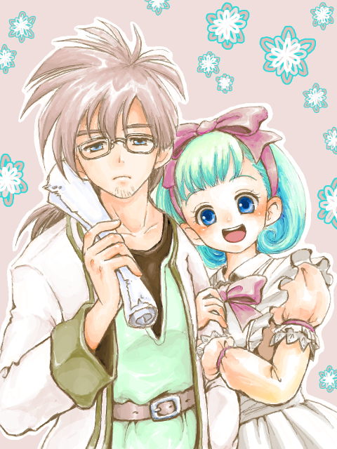 1boy 1girl :d blue_eyes bob_cut bow bow_hairband brown_hair closed_mouth commentary_request couple dragon_quest dragon_quest_ix dress dress_bow eliza_(dq9) facial_hair frilled_dress frills glasses green_hair hairband hetero holding holding_another&#039;s_arm holding_paper husband_and_wife jacket looking_at_viewer low_ponytail mariemon open_mouth paper pink_bow pink_hairband ponytail rolled_up_paper ruufin smile spiked_hair stubble upper_body white_jacket