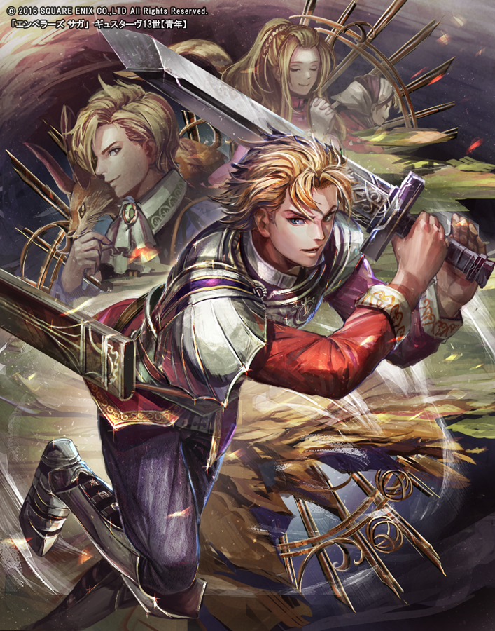 1girl blonde_hair closed_mouth commentary_request emperors_saga gustave_xiii long_hair multiple_boys nitamame official_art saga saga_frontier_2 smile sword weapon