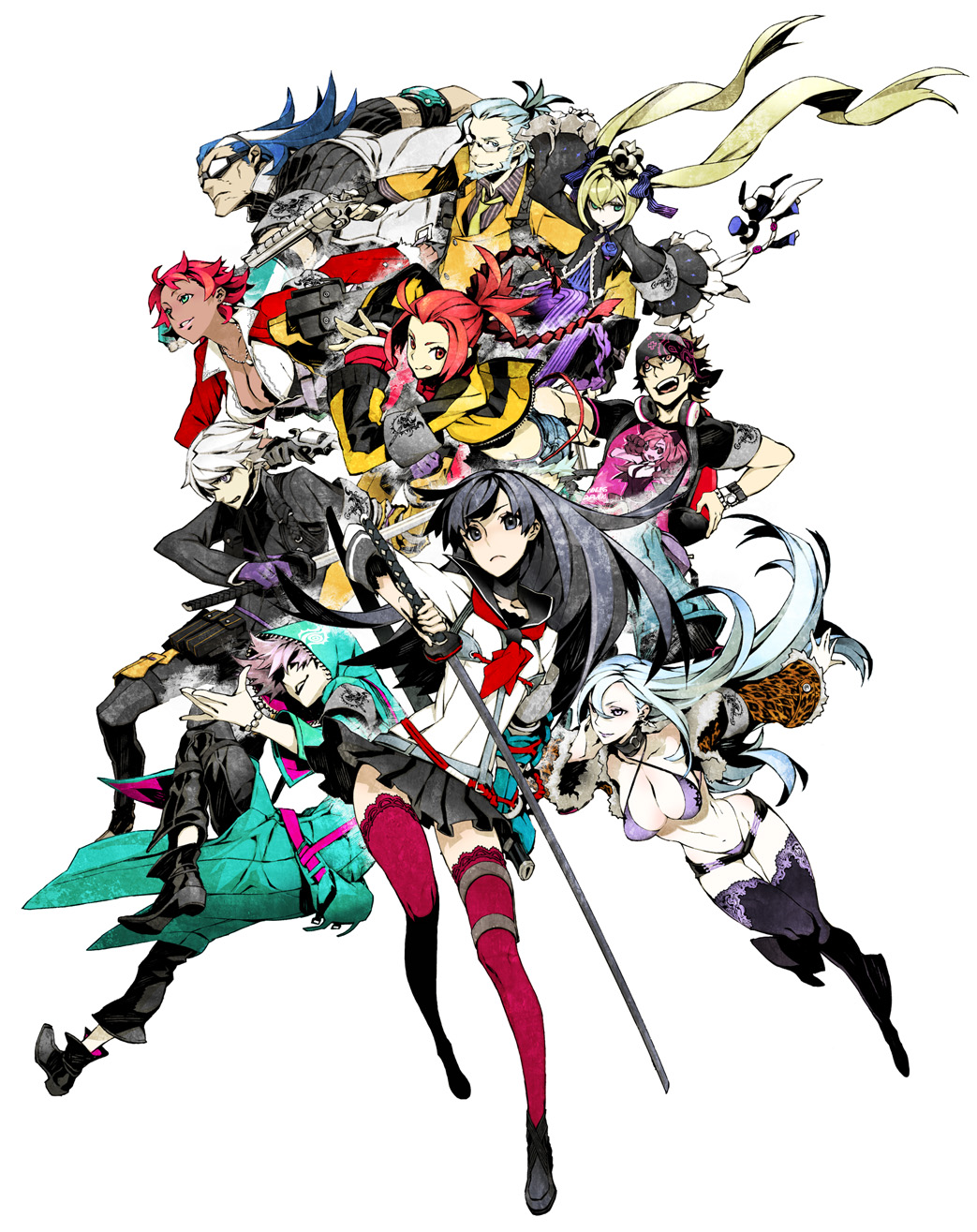 5boys 5girls 7th_dragon_(series) 7th_dragon_2020 :q aqua_eyes armband backpack bag bandana beard bent_over bikini black_eyes black_gloves black_hair blue_eyes blue_hair boots bow bracelet braid breasts brown_hair camouflage camouflage_pants chelsea_(7th_dragon) cleavage collar crossover dark_skin destroyer_(7th_dragon_2020) dual_wielding earrings facial_hair fanny_pack fingerless_gloves formal_clothes fur gakuran gauntlets glasses gloves goggles gun hacker_(7th_dragon) hair_bow hair_over_eyes hair_over_one_eye handgun headphones headphones_around_neck highres holding holster hood hoodie jacket jewelry katana knee_pads large_breasts leg_up lips lipstick long_hair long_sleeves looking_at_viewer makeup midriff miwa_shirow multiple_boys multiple_girls navel necklace necktie nishimura_haru_(7th_dragon) open_mouth own_hands_together pants pantyhose pink_eyes pinstripe_pattern pinstripe_shirt psychic_(7th_dragon) purple_bikini purple_eyes purple_gloves purple_hair purple_legwear red_eyes red_hair red_legwear revolver ribbed_sweater samurai_(7th_dragon) scabbard school_uniform serafuku sheath shirt shoes short_hair short_shorts shorts simple_background skirt sleeves_past_wrists small_breasts sneakers striped_clothes striped_legwear striped_pantyhose striped_shirt stuffed_toy suit sweater swimsuit sword t-shirt thighhighs tongue tongue_out trickster_(7th_dragon) tsubaki_kujo twin_braids twintails vertical-striped_clothes vertical-striped_legwear vertical-striped_pantyhose vertical-striped_shirt very_long_hair weapon white_background