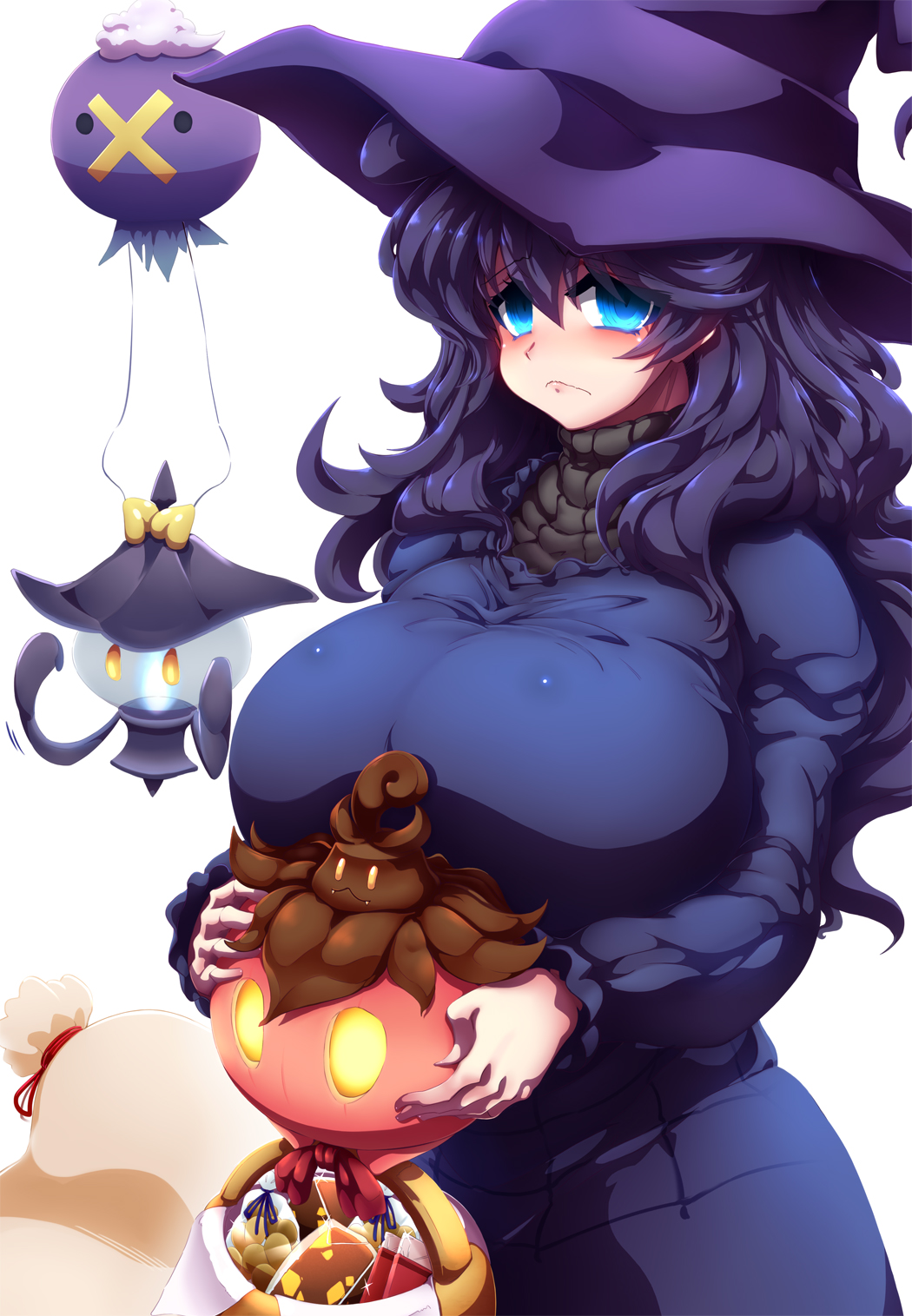1girl ahoge alternate_breast_size basket blue_eyes blush breasts candy closed_mouth commentary_request dress drifblim female_focus food frown gen_4_pokemon hat hex_maniac_(pokemon) highres huge_breasts long_hair looking_at_viewer messy_hair nintendo npc_trainer pokemon pokemon_(creature) pokemon_xy purple_dress purple_hair ringed_eyes simple_background solo standing tokyo_(great_akuta) wavy_mouth white_background witch_hat