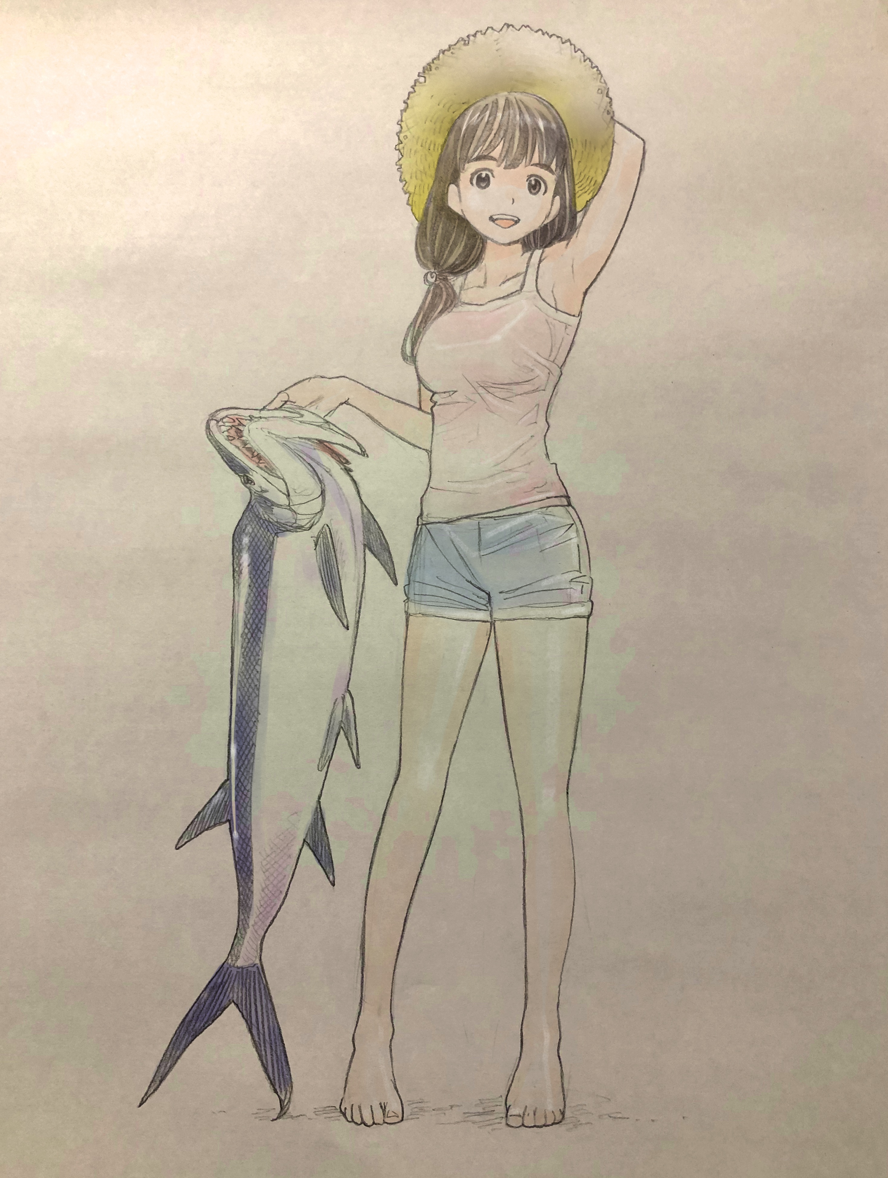 1girl absurdres animal arm_behind_head arm_up armpits bare_legs barefoot commentary_request fish full_body hat highres holding holding_animal holding_fish kimi_wa_sukinosaurus looking_at_viewer low_twintails open_mouth sekiguchi_taro shiraishi_momiji short_shorts shorts smile standing sun_hat tank_top traditional_media twintails xiphactinus
