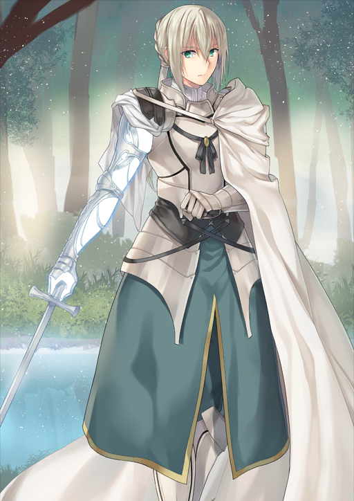 1boy airgetlam_(fate) androgynous armor armored_boots armored_gloves asymmetrical_sleeves bedivere_(fate) bishounen black_gloves boots braid breastplate cape closed_mouth fate/grand_order fate_(series) faulds feet_out_of_frame forest gauntlets gloves glowing_arm green_eyes green_pants green_shirt green_skirt grey_hair hair_between_eyes hair_tubes hand_up high_collar holding holding_sword holding_weapon lake legs_together light_particles long_hair long_sleeves looking_at_viewer low_twintails male_focus mismatched_sleeves nature official_art outstretched_arm pants pauldrons prosthesis prosthetic_arm shirt shoulder_armor side_cape sidelocks single_glove skirt solo standing sweater_guard sword tenkuu_sphere third-party_source twintails variant_set weapon white_cape