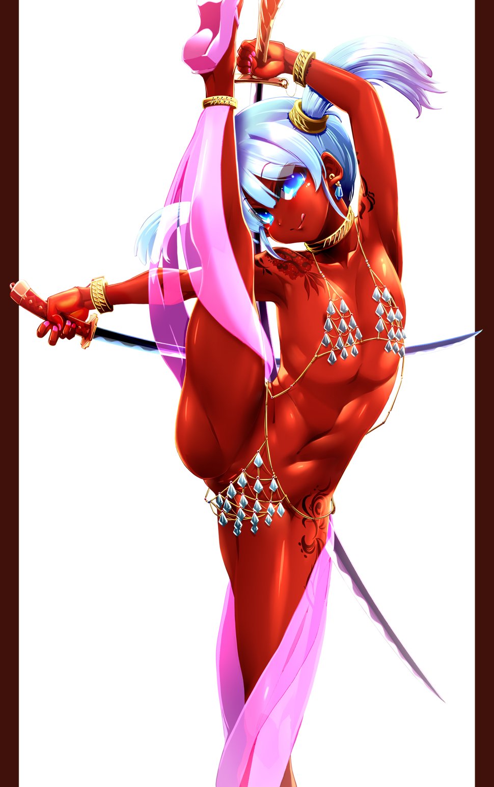 1girl armpits ass blue_eyes blue_hair blunt_bangs bracelet dancer dancer_(sekaiju) dancer_2_(sekaiju) dark-skinned_female dark_skin dual_wielding earrings etrian_odyssey eyes_visible_through_hair female_focus flat_chest flexible gradient_hair highres holding holding_sword holding_weapon jewelry leg_up light_blue_hair looking_at_viewer multicolored_hair nail_polish nipples pillarboxed pink_nails pink_shoes pussy revealing_clothes see-through_clothes shiny_skin shoes short_hair smile solo split standing standing_on_one_leg standing_split sword tattoo tokyo_(great_akuta) toned tongue tongue_out weapon