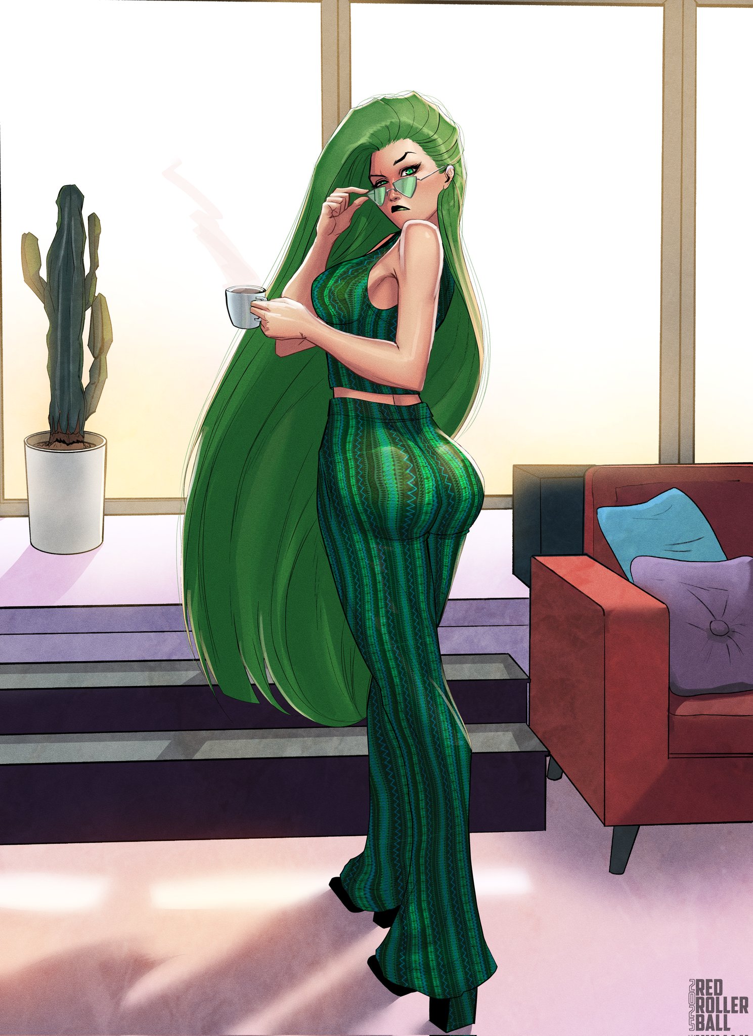 1girl adjusting_eyewear alternate_costume armchair artist_name ass ass_focus bell-bottoms breasts cactus chair crop_top cup forbidden_pants full_body green-tinted_eyewear green_eyes green_hair green_pants green_tank_top high_heels highres indoors long_hair looking_at_viewer looking_back looking_over_eyewear marvel medium_breasts meme_attire mug pants polaris_(x-men) print_pants print_tank_top raised_eyebrow redrollerball12 solo standing sunglasses tank_top tinted_eyewear x-men
