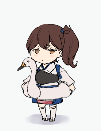 1girl apron bird blue_hakama brown_eyes brown_hair full_body hakama hakama_short_skirt hakama_skirt innertube japanese_clothes k_jie kaga_(kancolle) kantai_collection long_hair lowres muneate side_ponytail simple_background skirt solo standing swan swim_ring tasuki thighhighs white_background