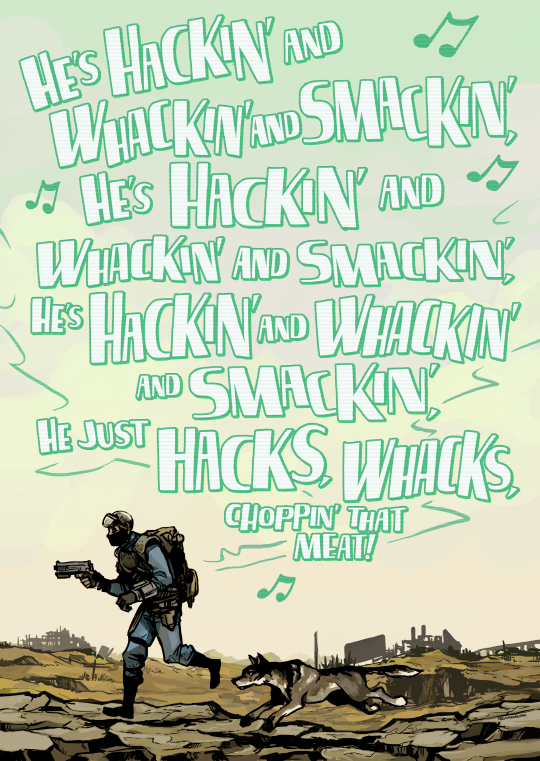 1boy backpack bag balaclava blue_bodysuit bodysuit cityscape dog dogmeat fallout fallout_3 gun h0lyhandgrenade handgun helmet lyrics pip_boy ruins running visor_(armor) weapon