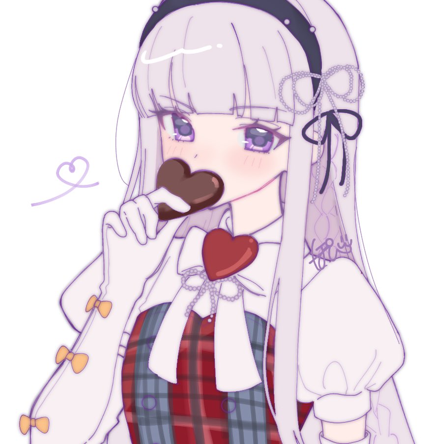 1girl black_hairband blunt_bangs blush bow bowtie chocolate danganronpa:_trigger_happy_havoc danganronpa_(series) elbow_gloves food gloves hairband heart_ornament holding holding_chocolate holding_food kirigiri_kyoko long_hair official_alternate_costume pink_eyes pink_hair pote_(pote_39) puffy_short_sleeves puffy_sleeves shirt short_sleeves simple_background solo white_background white_bow white_bowtie white_gloves white_shirt