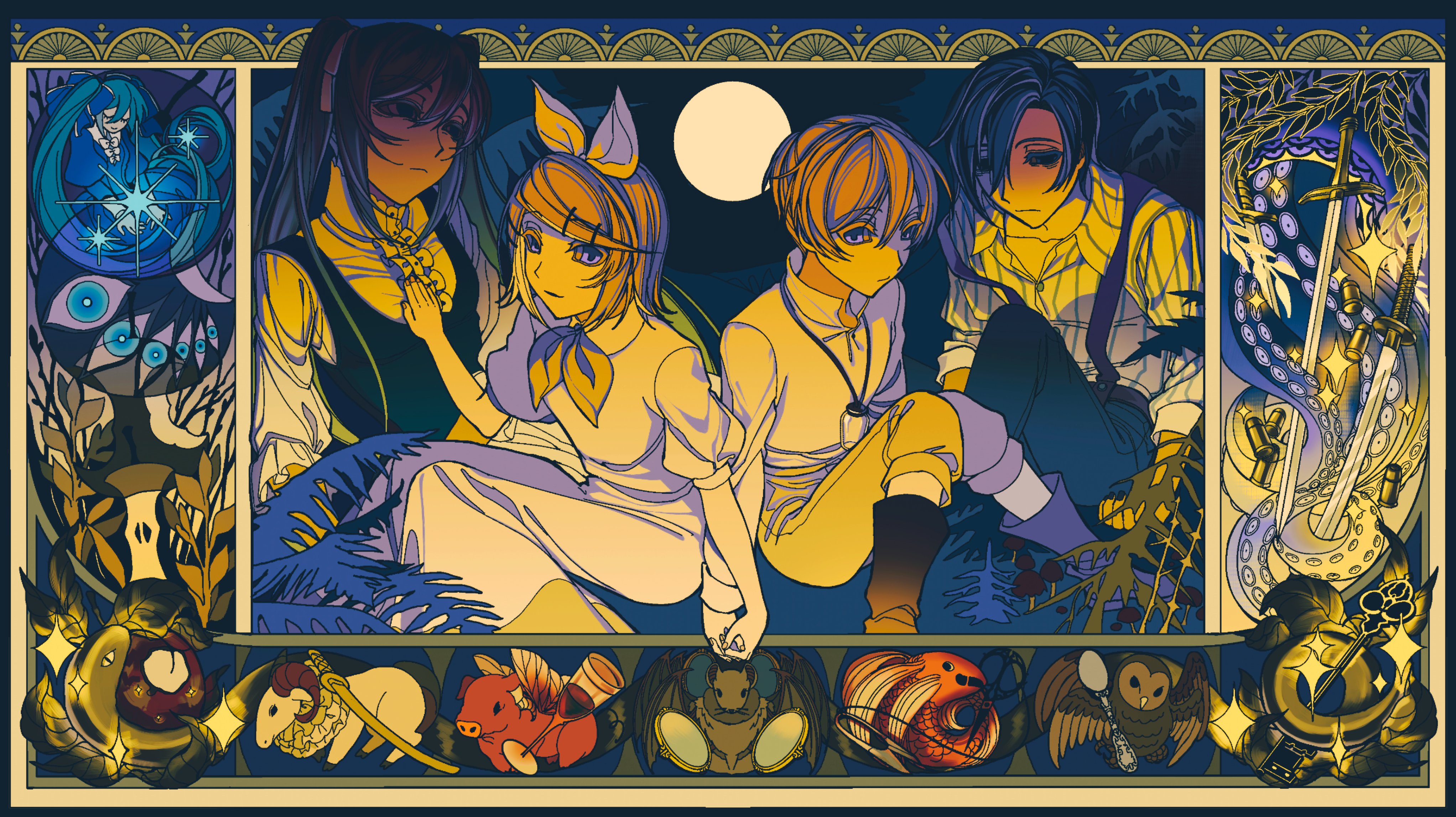 2boys 2girls 6+others absurdres adam_moonlit apple aqua_hair bags_under_eyes bat_(animal) bird bitten_apple blonde_hair blouse blue_dress blue_hair blue_pants boots brother_and_sister brown_boots bullet clippers clockworker&#039;s_doll collar collarbone collared_dress collared_shirt cup demon dress drinking_glass empty_eyes eve_moonlit evillious_nendaiki expressionless father_and_daughter father_and_son fish foliage food food_bite four_mirrors_of_lucifenia frilled_collar frilled_shirt frilled_sleeves frills fruit full_moon genzai_monogatari gilles_derais_(evillious_nendaiki) glass_bottle glass_of_conchita goat green_dress green_hair gretel_(evillious_nendaiki) grim_the_end hands_on_another&#039;s_chest hansel_(evillious_nendaiki) hatsune_miku highres holding_hands insect_wings kagamine_len kagamine_rin kaito_(vocaloid) katana key leaf long_hair marie_annette marlon_spoon mirror moon moonlit_bear_(vocaloid) mother_and_daughter mother_and_son mui4ioqaak9436 multiple_boys multiple_girls multiple_others neckerchief night night_sky okizari_tsukiyo_shou_(vocaloid) open_collar owl pants pig pinafore_dress puffy_short_sleeves puffy_sleeves purple_eyes rahab_barisol salem_buldar scissors shaded_face shirt short_hair short_sleeves siblings sky sleeveless sleeveless_dress smile snake spoon striped_clothes striped_shirt suspenders sword tentacles twin_blades_of_levianta twins twintails venom_sword very_long_hair vessel_of_sin vlad_tuberci vocaloid weapon white_dress white_shirt wine_glass wings yellow_neckerchief yellow_pants