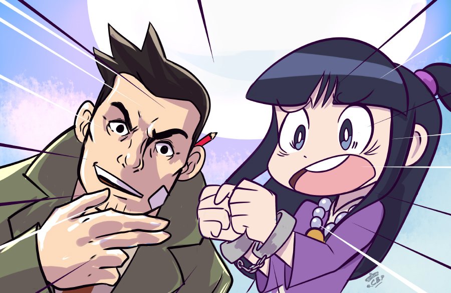1boy 1girl ace_attorney arrest black_hair brown_hair candybag candybaggins coat cuffs dick_gumshoe jacket jewelry long_hair luluco maya_fey md5_mismatch moon open_mouth over_justice parody season_connection shackles short_hair smile style_parody surprised trench_coat uchuu_patrol_luluco