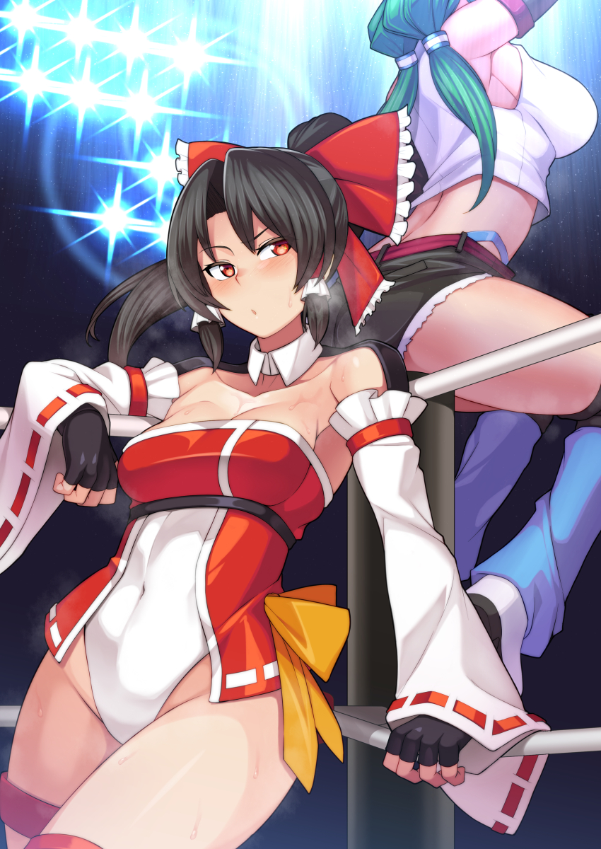 &gt;:o 2girls :o adapted_costume alternate_costume back black_gloves blouse blush breasts brown_hair corset covered_navel detached_collar detached_sleeves female_focus fingerless_gloves gloves green_hair hair_between_eyes hair_intakes hakurei_reimu head_out_of_frame highres kochiya_sanae kupala large_breasts leotard looking_at_viewer medium_breasts midriff multiple_girls neck ponytail red_eyes serious shirt sitting solo_focus strapless strapless_leotard sweat touhou white_detached_sleeves white_shirt wrestling wrestling_outfit wrestling_ring