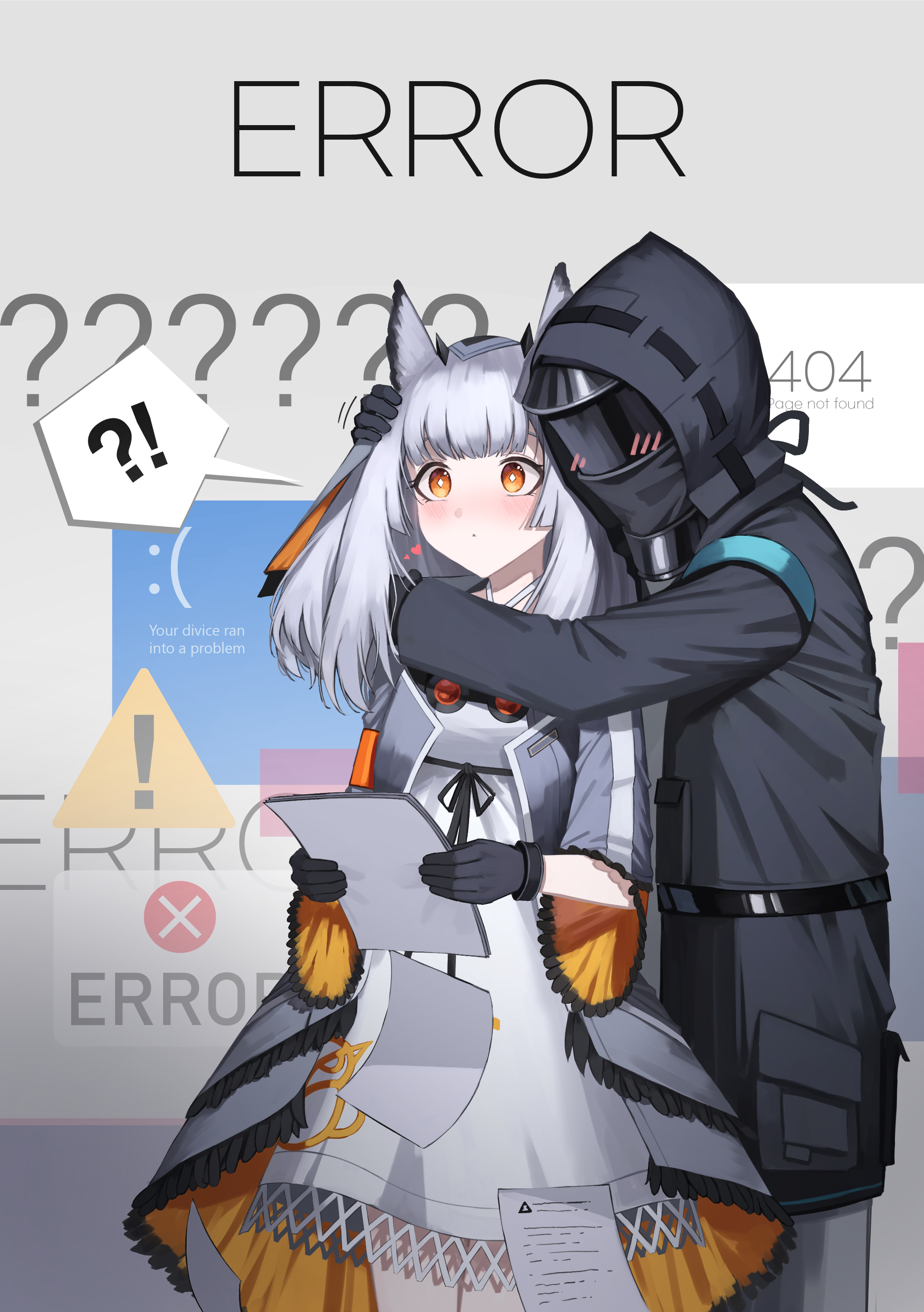!? 1girl 1other 404 absurdres ambiguous_gender arknights bird_girl black_coat black_gloves blue_screen_of_death blush bright_pupils coat diamond-shaped_pupils diamond_(shape) doctor_(arknights) dress english_text error_message feather_hair gloves goggles goggles_around_neck grey_coat grey_hair headpat highres hood hood_up hooded_coat http_status_code hug kimsuwan2013 long_hair orange_eyes owl_ears owl_girl ptilopsis_(arknights) spoken_interrobang surprised symbol-shaped_pupils white_dress white_pupils