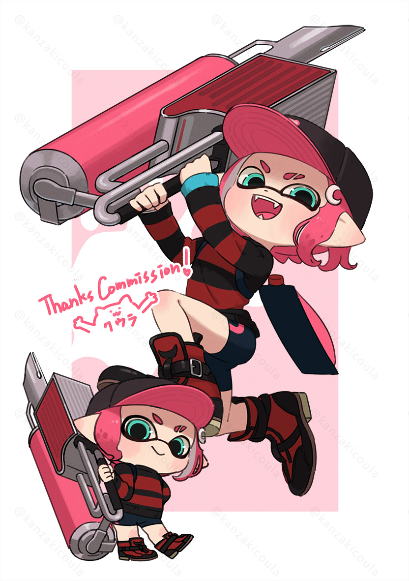 1girl aqua_eyes baseball_cap bike_shorts black_footwear black_hat border chibi chibi_inset closed_mouth commentary_request commission coula_cat eyebrow_cut flingza_roller_(splatoon) hat high_tops holding holding_weapon ink_tank_(splatoon) inkling inkling_girl inkling_player_character medium_hair multiple_views nintendo open_mouth outside_border pointy_ears red_background red_footwear red_hair shoes smile sneakers splatoon_(series) splatoon_3 teeth tentacle_hair thank_you two-tone_footwear weapon white_border