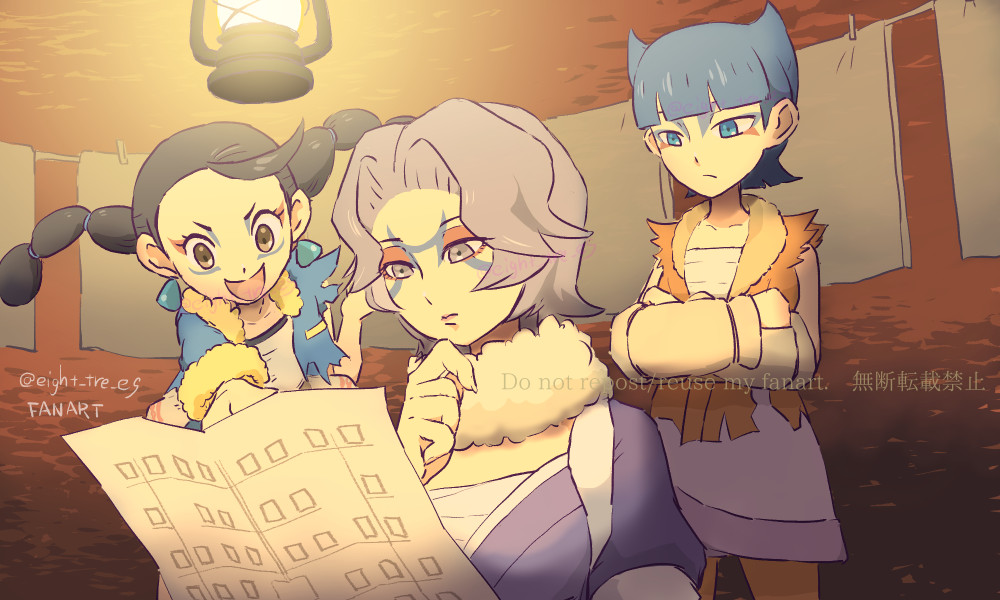 3girls black_hair blue_eyes blue_hair brown_eyes brown_jacket charm_(pokemon) chest_sarashi clothesline clover_(pokemon) coin_(pokemon) crossed_arms earrings expressionless facepaint fur-trimmed_jacket fur-trimmed_sleeves fur_collar fur_trim grey_hair hair_horns half-closed_eyes hand_on_own_chin holding holding_paper jacket jewelry lantern long_hair multi-tied_hair multiple_girls nintendo open_mouth orange_pantyhose orange_sky outdoors pantyhose paper pokemon pokemon_legends:_arceus sarashi short_hair single_bang sky smile torn_clothes torn_jacket torn_sleeve triangle_earrings twintails yagi_(nanatsuiro)