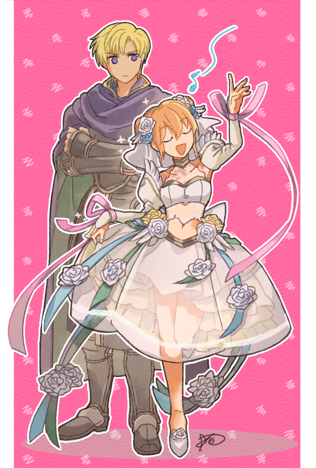 1boy 1girl arm_up batoson54 black_boots blonde_hair boots border breasts cloak closed_eyes closed_mouth commentary_request crop_top crossed_arms detached_sleeves double_bun dress fire_emblem fire_emblem:_the_binding_blade fire_emblem_heroes flower full_body grey_eyes hair_bun hair_flower hair_ornament highres larum_(bridal)_(fire_emblem) larum_(fire_emblem) layered_skirt leg_up long_sleeves looking_at_another midriff navel nintendo official_alternate_costume open_mouth orange_hair perceval_(fire_emblem) pink_background rose scarf see-through_clothes see-through_skirt short_hair signature skirt skirt_hold small_breasts smile standing standing_on_one_leg wedding_dress white_border white_dress white_flower white_rose