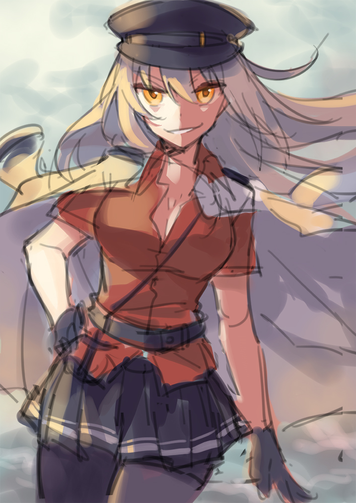10s 1girl black_gloves black_pantyhose black_skirt facial_scar female_focus gangut_(kancolle) gangut_dva_(kancolle) gloves grey_hair hand_on_own_hip hat jacket jacket_on_shoulders kantai_collection long_hair looking_at_viewer military military_uniform miniskirt nashi_(tidal0414) pantyhose parted_lips peaked_cap red_eyes red_shirt scar scar_on_cheek scar_on_face shirt short_sleeves skirt solo white_jacket