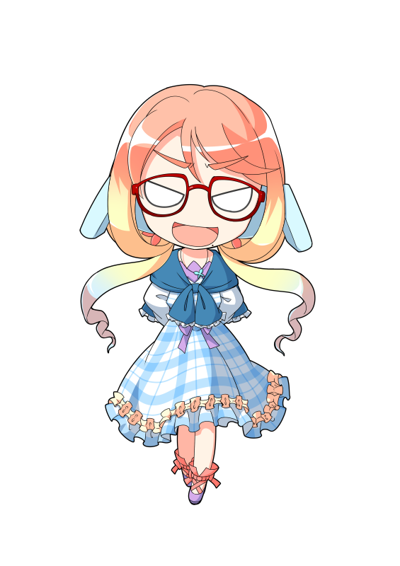 1girl :d ankle_lace-up arms_behind_back blank_eyes blonde_hair blue_dress chibi chibi_only commentary_request cross-laced_shoes dairi dress frilled_dress frills full_body glasses gradient_hair hair_ornament haruno_sora jewelry large_variant_set long_hair long_sleeves looking_at_viewer mole mole_under_mouth multicolored_hair open_mouth pendant plaid_clothes plaid_dress purple_shoes red-framed_eyewear red_ribbon ribbon shoes smile solo standing straight-on tachi-e transparent_background v-shaped_eyebrows v-shaped_eyes variant_set vocaloid voiceroid