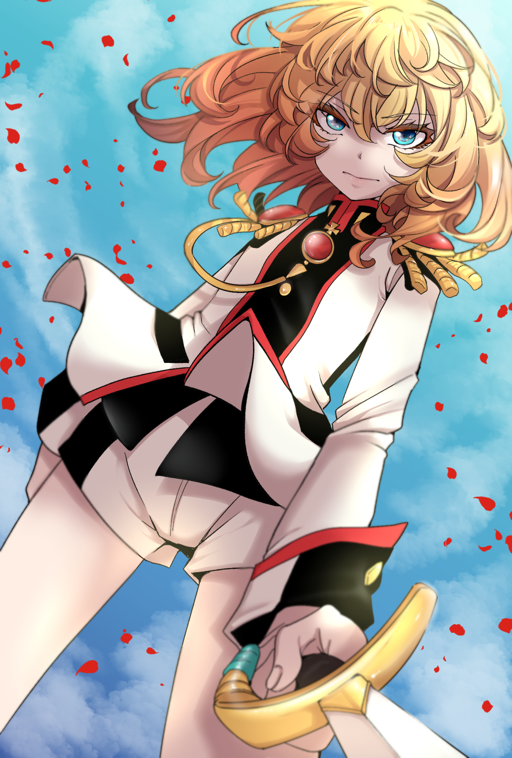 1girl alternate_costume blonde_hair blue_eyes blue_sky blurry brooch closed_mouth collared_dress cosplay day depth_of_field dress falling_petals female_focus gloves hair_blowing hal_(goshujinomocha) highres holding holding_sword holding_weapon jewelry looking_at_viewer pantyhose petals serious shorts_under_dress shoujo_kakumei_utena sky solo sword tanya_degurechaff tenjou_utena tenjou_utena_(cosplay) tsurime weapon white_gloves white_pantyhose youjo_senki