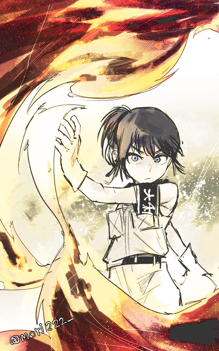 1girl armband bare_shoulders black_armband black_hair blue_eyes choujin_x colored_smoke fighting_stance fire gloves highres looking_at_viewer military_uniform otta_ely_(choujin_x) ponytail pyrokinesis sen_(sus_pain) smoke solo twitter_username white_gloves