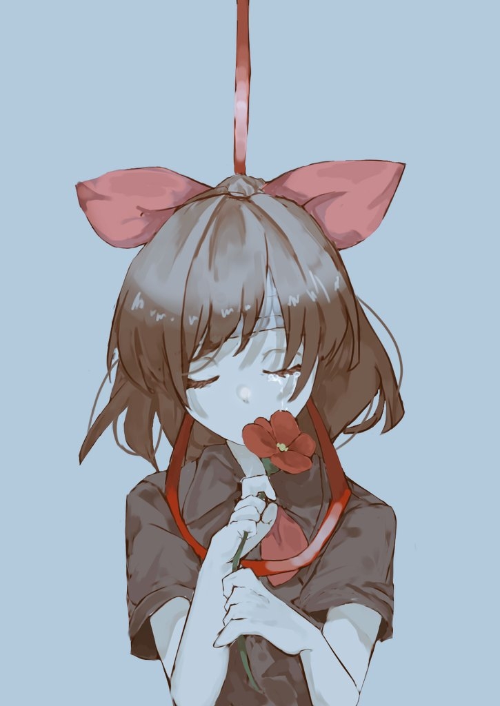 1girl bandages closed_eyes crying flower hair_ribbon holding holding_flower noose ponytail red_flower red_ribbon ribbon rose@painter shin_yomawari solo spoilers upper_body yomawari_(series) yui_(yomawari)