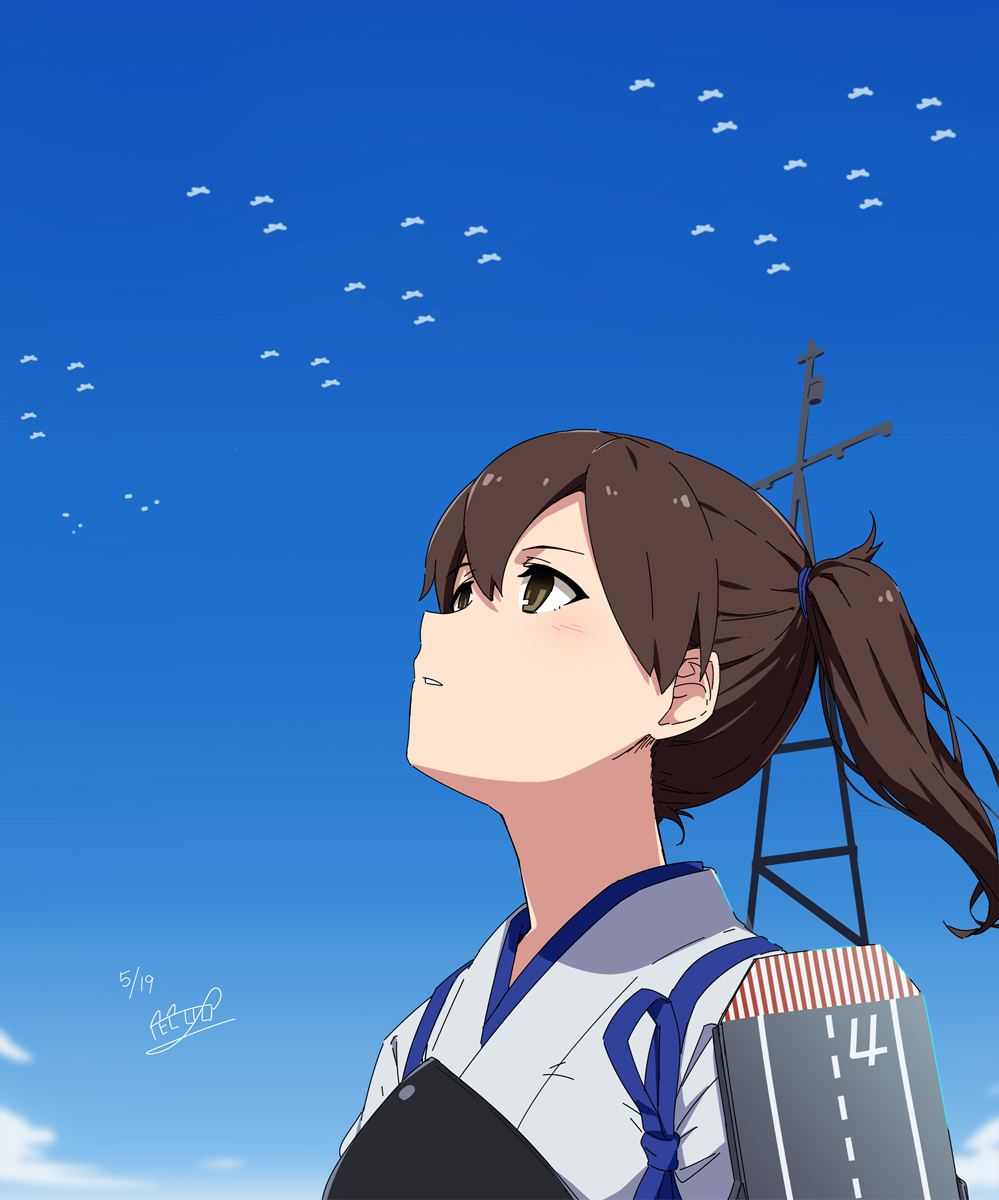 1girl black_hair blue_sky brown_eyes cloud commentary_request day flight_deck highres kaga_(kancolle) kantai_collection kosode long_hair looking_up mast muneate necono_(nekonosora1207) one-hour_drawing_challenge outdoors sky solo tasuki upper_body