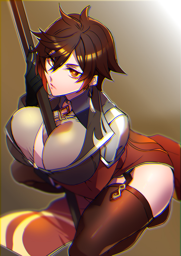 1girl black_gloves breasts brown_hair brown_thighhighs chromatic_aberration closed_mouth collared_shirt commentary_request earrings eyeliner eyeshadow formal_clothes garter_straps genderswap genderswap_(mtf) genshin_impact gloves gradient_background gradient_hair hair_between_eyes holding holding_polearm holding_spear holding_weapon jacket jewelry kaneaki_mukku large_breasts long_hair long_sleeves makeup multicolored_hair necktie orange_hair polearm red_eyeshadow shirt simple_background single_earring solo spear squatting suit tassel tassel_earrings thighhighs weapon yellow_eyes zhongli_(genshin_impact)