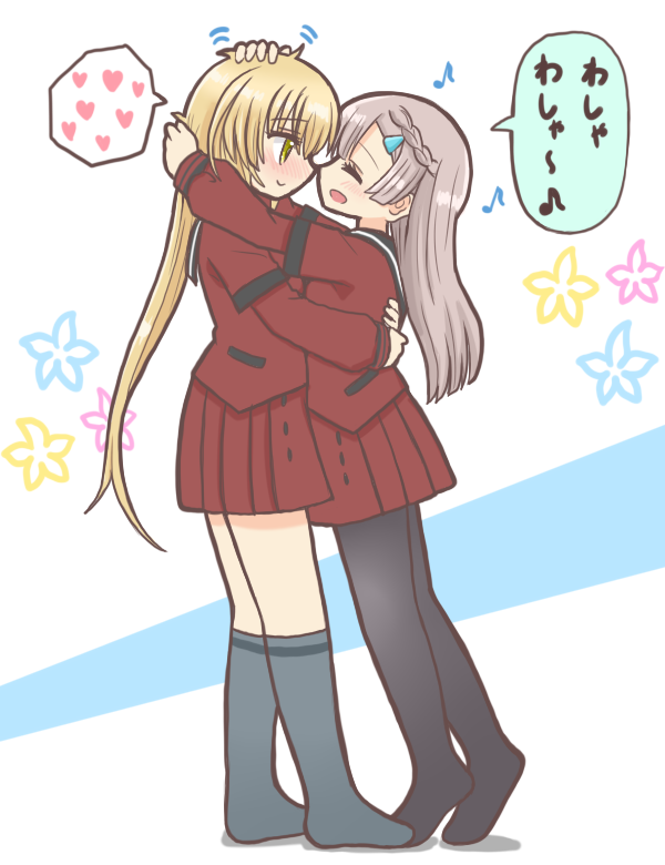 2girls bad_id bad_twitter_id blonde_hair blush closed_mouth commentary_request from_side full_body grey_hair hair_ornament hairclip headpat heart height_difference hug kneehighs layered_sleeves long_hair long_sleeves magia_record:_mahou_shoujo_madoka_magica_gaiden mahou_shoujo_madoka_magica miniskirt multiple_girls no_shoes noses_touching open_mouth pantyhose pleated_skirt red_shirt red_skirt reverse_(bluefencer) sankyoin_academy_school_uniform school_uniform shirt shizumi_konoha short_over_long_sleeves short_sleeves skirt smile socks speech_bubble spoken_heart standing tiptoes translation_request yellow_eyes yusa_hazuki