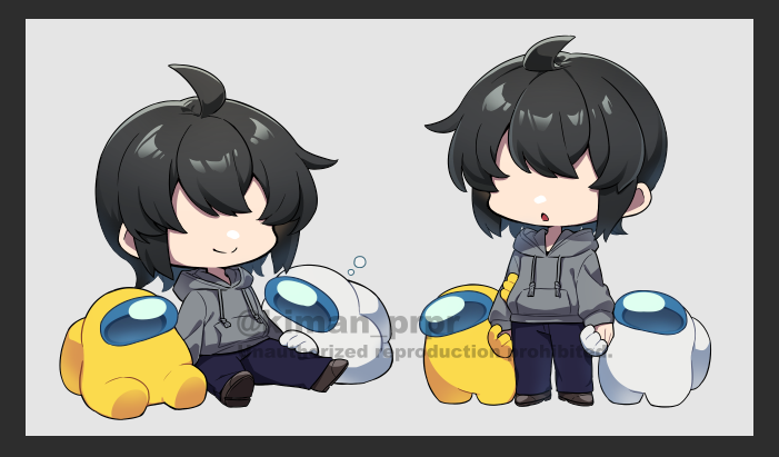 3others ahoge ambiguous_gender among_us androgynous black_hair blue_pants commentary_request crewmate_(among_us) faceless grey_hoodie holding_hands hood hood_down hoodie kiman multiple_others multiple_views original pants shoes sidelocks sitting squeans smile spacesuit standing they_(kiman) twitter_username watermark white_(among_us) yellow_(among_us)