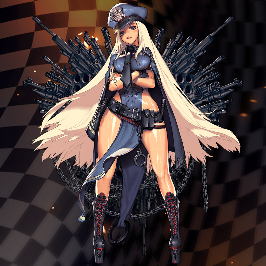 assault_rifle autocannon badge baton bazooka belt belt_pouch blonde_hair breasts cannon chain chain_gun coat coat_on_shoulders crossed_arms cuffs destiny_child electronic_firearm gatling_gun gloves gun handcuffs hat high-explosive_anti-tank_(warhead) high_boots highleg holstered large_breasts long_hair looking_at_viewer m202_flash m61_vulcan machine_gun mafdet_(destiny_child) man-portable_anti-tank_systems medium_machine_gun minigun multiple-barrel_gun multiple_rocket_launcher multishot_rocket_launcher muzzle_clamp necktie police police_hat police_uniform pouch rifle rocket-propelled_grenade rocket_(projectile) rocket_launcher rotary_cannon rotary_machine_gun rpg rpg-7 rpg_(weapon) shiny_skin shotgun sniper_rifle standing weapon yellow_eyes