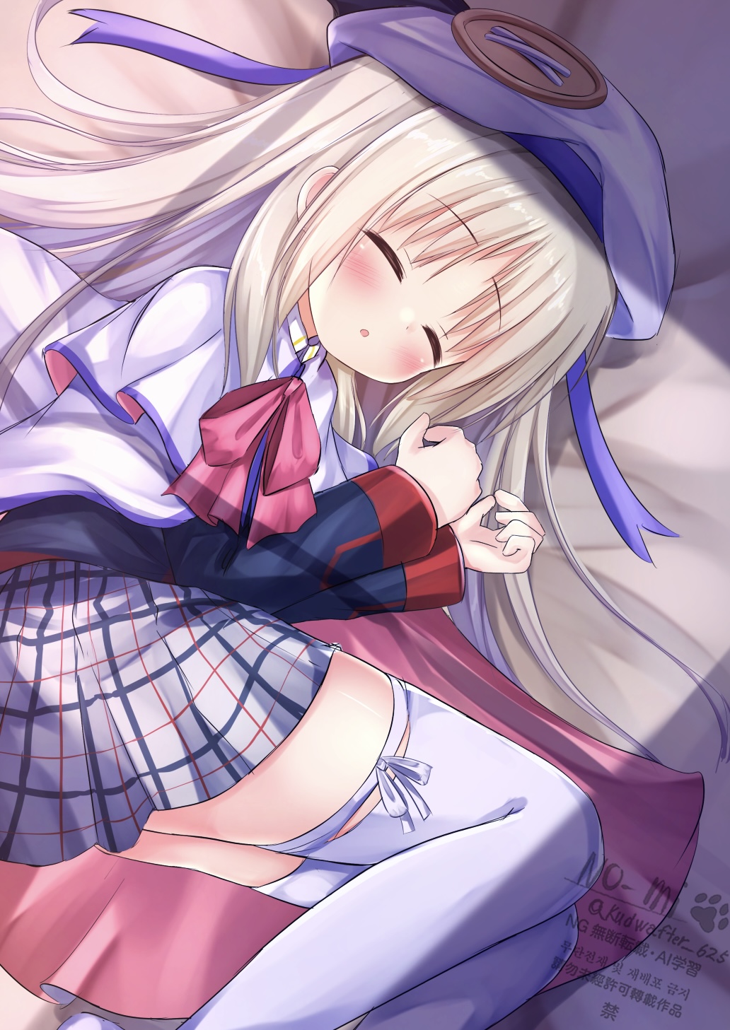 1girl blush closed_eyes commentary_request hat highres kud_wafter kudpoid_(71139) little_busters! little_busters!_school_uniform long_sleeves lying miniskirt noumi_kudryavka on_side parted_lips plaid_clothes plaid_skirt pleated_skirt school_uniform skirt sleeping solo thighhighs white_hat white_thighhighs