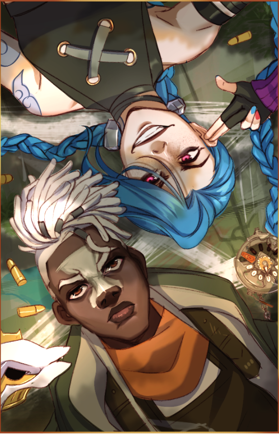 1boy 1girl arcane:_league_of_legends arcane_jinx bekkomi blue_nails braid brown_gloves brown_shirt cloud_tattoo dark-skinned_male dark_skin dreadlocks ekko_(league_of_legends) fingerless_gloves firelight_ekko gloves green_jacket grey_hair grin jacket jinx_(league_of_legends) league_of_legends long_hair lying mask unworn_mask multicolored_nails nail_polish on_back pink_eyes red_lips red_nails serious shirt shoulder_tattoo smile tattoo teeth twin_braids