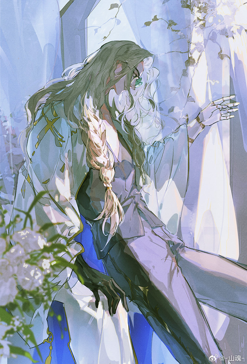 1boy black_gloves blue_cloak braid branch cloak closed_mouth cowboy_shot curtained_hair curtains flower glasses gloves grey_pants grey_shirt hand_up highres hihine_(welcome_to_dreamland) long_hair looking_down low-braided_long_hair low-tied_long_hair male_focus pants parted_bangs plant plunging_neckline profile prosthesis prosthetic_arm round_eyewear shirt side_braid single_glove sitting solo two-sided_cloak two-sided_fabric watermark wavy_hair weibo_watermark welcome_to_dreamland white_cloak white_flower window yellow_eyes yishangui