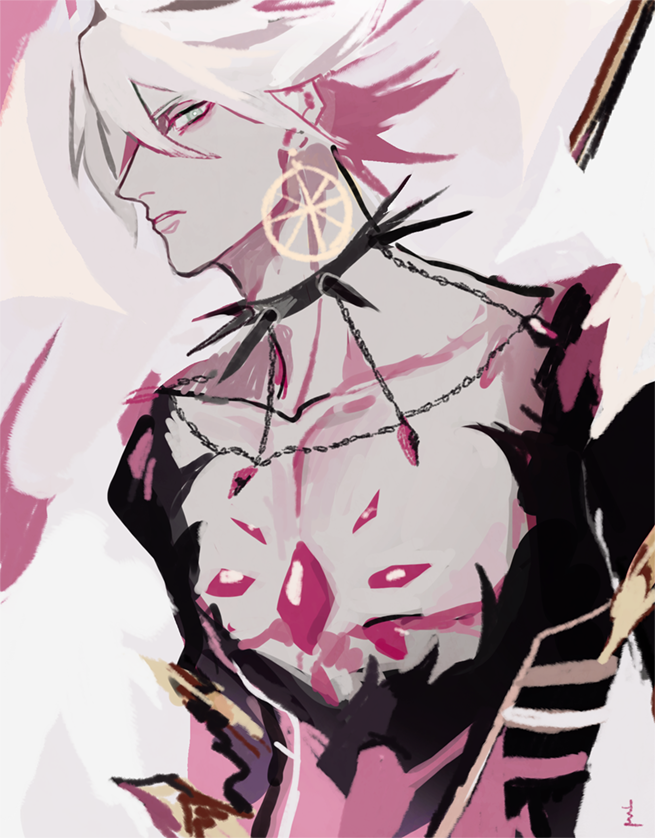 1boy collar conohi_(snvcenni) earrings fate/apocrypha fate/grand_order fate_(series) gold_earrings jewelry karna_(fate) male_focus short_hair solo spiked_collar spikes upper_body white_hair