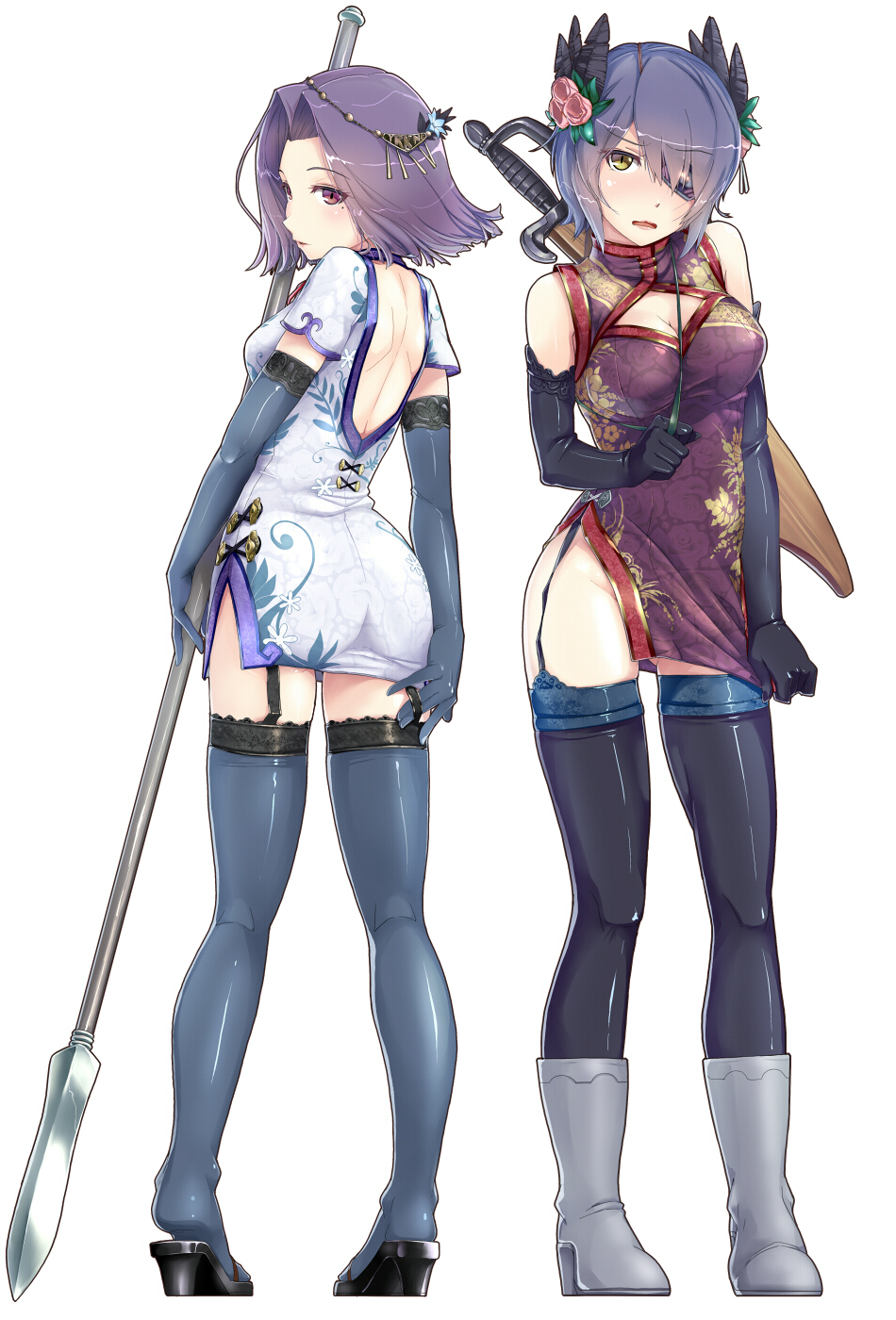 10s 2girls alternate_costume back_cutout backless_outfit black_gloves blue_gloves blush boots china_dress chinese_clothes cleavage_cutout clothing_cutout dao_(weapon) dress dress_tug elbow_gloves eyepatch feather_hair_ornament feathers flower from_behind full_body garter_straps gloves gluteal_fold hair_flower hair_intakes hair_ornament hi-ho- highres kantai_collection kneepits looking_at_viewer multiple_girls polearm purple_eyes purple_hair qiang_(weapon) short_dress short_hair side_slit simple_background spear standing sword tatsuta_(kancolle) tenryuu_(kancolle) thighhighs thighs weapon white_background white_footwear yellow_eyes zettai_ryouiki