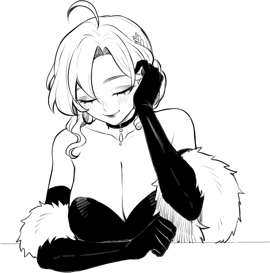 1girl ahoge bare_shoulders breasts choker cleavage closed_eyes closed_mouth collarbone commentary curtained_hair dress earrings elbow_gloves elbow_rest emma_(sasucchi95) english_commentary eyeshadow from_above gloves greyscale hair_bun hand_on_own_ear hand_up high_contrast hoop_earrings jewelry large_breasts lips makeup monochrome original parted_hair sasucchi95 short_hair sidelocks simple_background single_hair_bun smile solo strapless strapless_dress u_u upper_body white_background