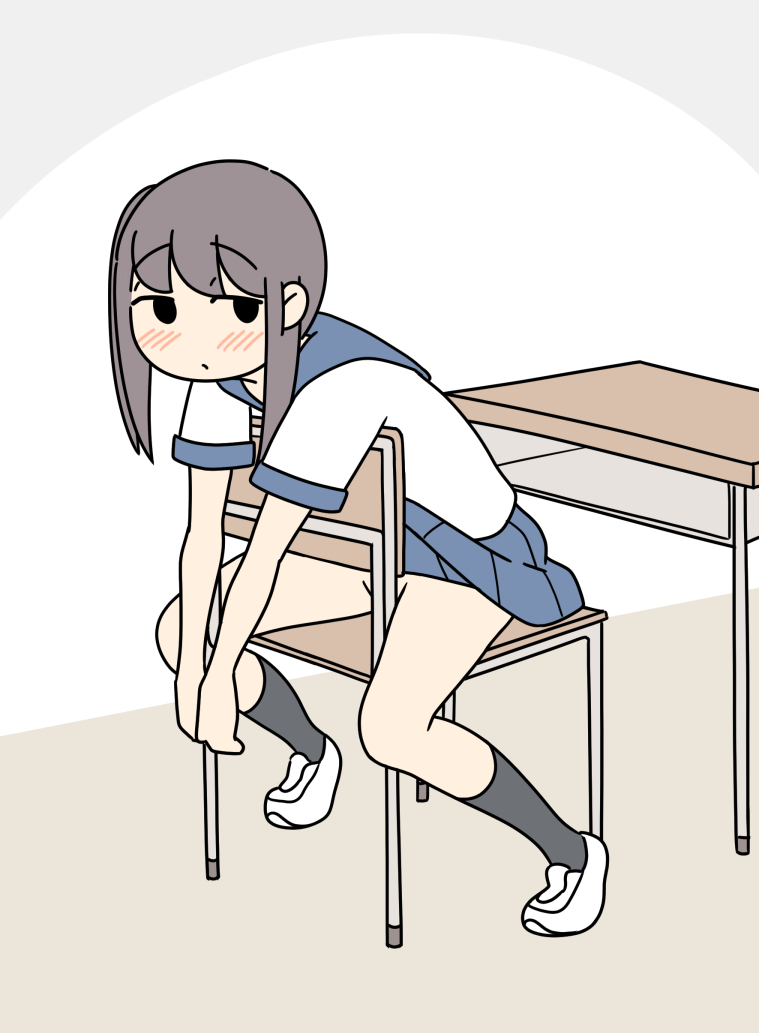 1girl black_eyes blush brown_hair chair chair_censor clothes_lift commentary convenient_censoring desk female_focus flat_color juukyuu no_panties original school_desk school_uniform serafuku side_ponytail simple_background sitting sitting_backwards skirt skirt_lift solid_circle_eyes solo