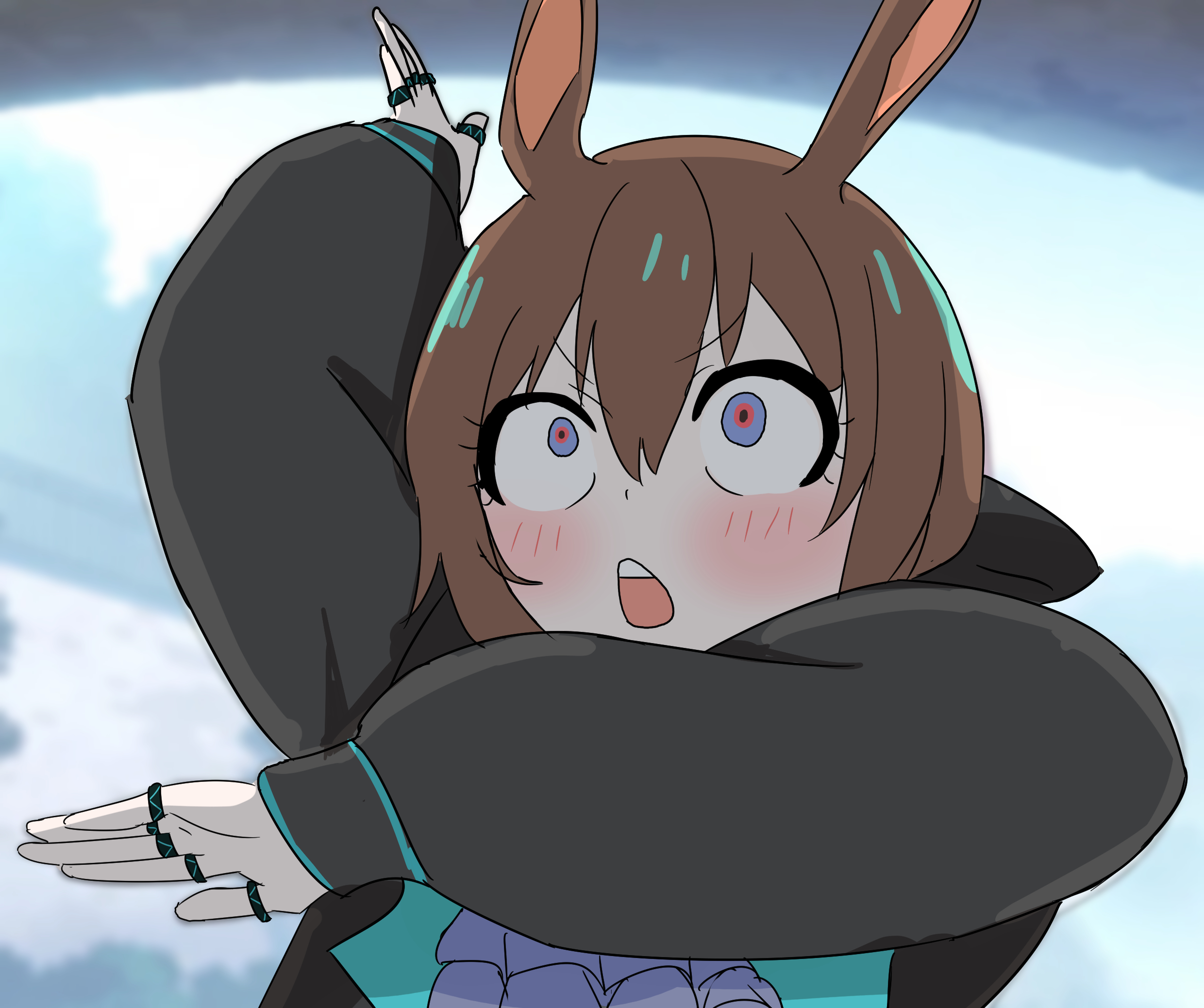 1girl akabeko123 amiya_(arknights) animal_ears arknights ascot black_jacket blue_eyes blush brown_hair commentary gundam gundam_gquuuuuux highres jacket jewelry kurosawa_tomoyo long_hair long_sleeves multiple_rings open_mouth parody purple_ascot rabbit_ears rabbit_girl ring solo teeth upper_body upper_teeth_only voice_actor_connection