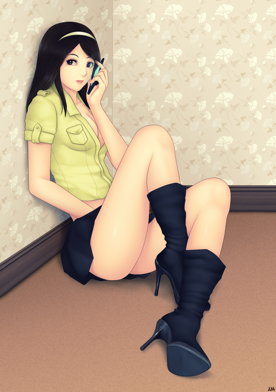 1girl black_eyes black_hair boots breasts cellphone cleavage female_focus headband high_heel_boots high_heels highres khalitzburg_(user_2274420) legs lily_(khalitzburg) looking_at_viewer open_clothes open_shirt original phone shirt shoe_soles shoes sitting skirt solo stiletto_heels
