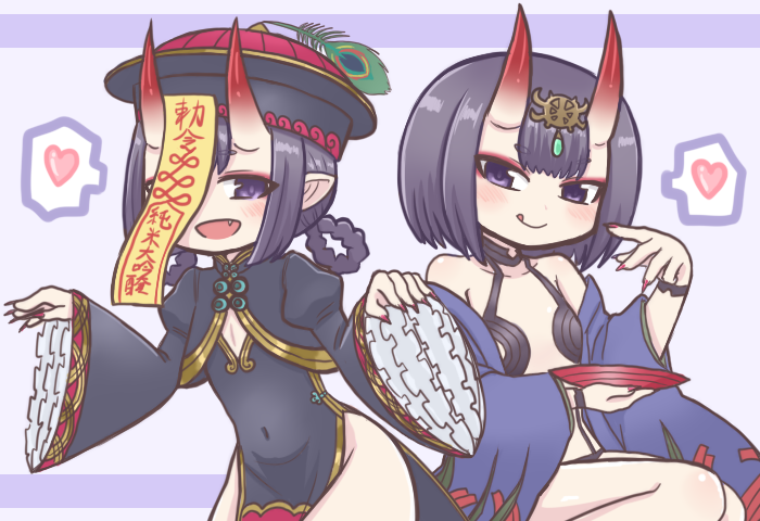2girls :d :q bad_id bad_twitter_id bare_shoulders black_dress blush bob_cut braid braided_hair_rings breasts china_dress chinese_clothes closed_mouth covered_navel cup dress dual_persona eyeliner fang fate/grand_order fate_(series) fingernails hair_rings hat headpiece heart horns japanese_clothes jiangshi juliet_sleeves kimono long_fingernails long_sleeves looking_at_viewer makeup multiple_girls off_shoulder ofuda oni open_clothes open_kimono open_mouth pelvic_curtain pointy_ears puffy_sleeves purple_background purple_eyes purple_hair qingdai_guanmao revealing_clothes reverse_(bluefencer) sakazuki sharp_fingernails short_eyebrows short_hair shuten_douji_(fate) shuten_douji_(festival_outfit)_(fate) skin-covered_horns small_breasts smile spoken_heart tongue tongue_out twin_braids wide_sleeves