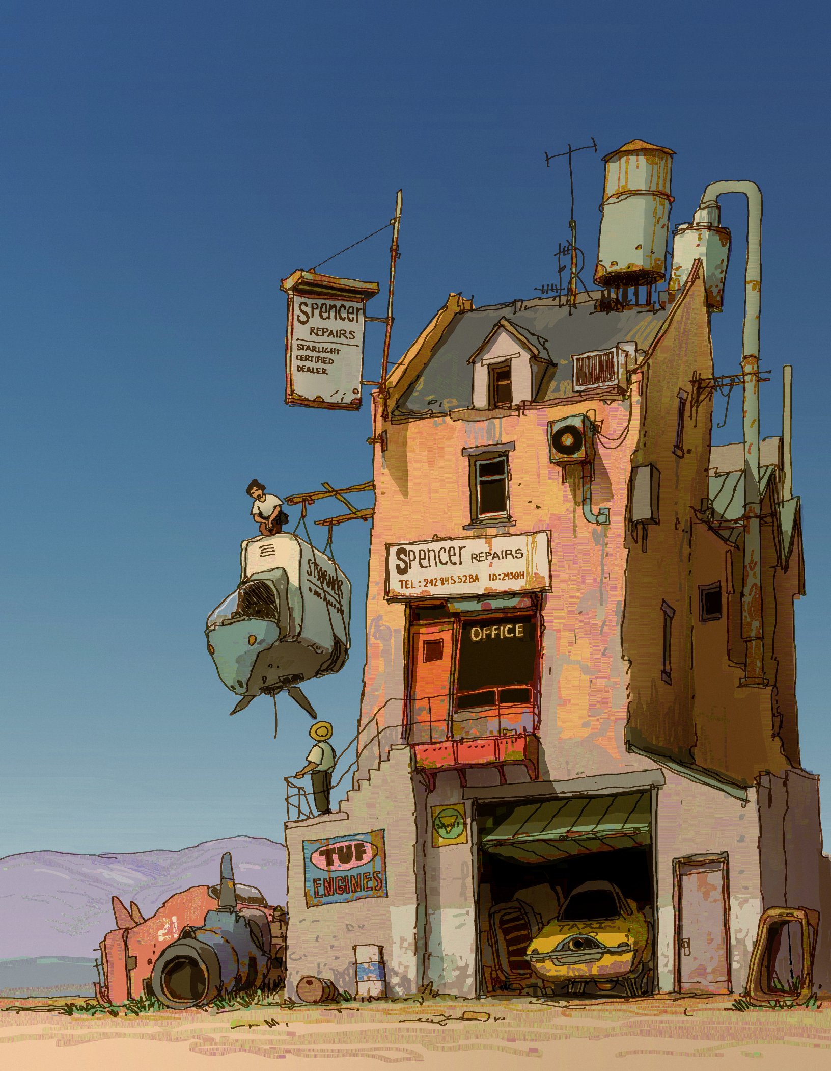 2boys alariko blue_sky car desert garage highres house motor_vehicle mountainous_horizon multiple_boys original railing scenery shop sky stairs water_tank