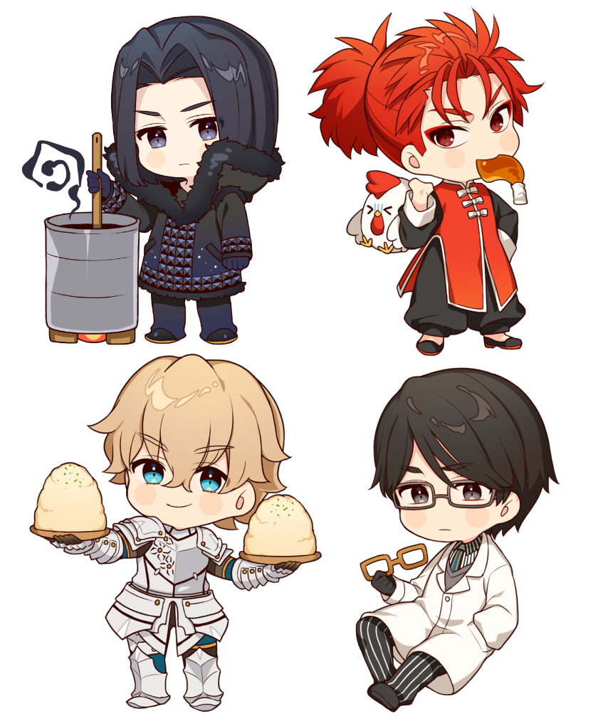 4boys arm_at_side armor armored_boots bird black_coat black_eyes black_footwear black_gloves black_hair black_pants black_shirt blonde_hair blue_eyes blush_stickers boots breastplate cauldron changpao chibi chicken chinese_clothes closed_mouth coat commentary eyeshadow fate/extra fate/extra_ccc fate_(series) faulds food full_body fur-trimmed_coat fur_trim gauntlets gawain_(fate) glasses gloves grey-framed_eyewear grey_vest hair_between_eyes hand_in_pocket hand_on_own_hip hand_up high_collar holding holding_removed_eyewear julius_belkisk_harway karokuchitose li_shuwen_(fate) li_shuwen_(young)_(fate) long_sleeves looking_at_viewer makeup male_focus meat medium_hair multiple_boys pants pauldrons ponytail puffy_pants red_eyes red_eyeshadow red_hair red_shirt shirt short_hair shoulder_armor simple_background smile standing stirring striped_clothes striped_pants striped_shirt twice_h_pieceman unworn_eyewear vertical-striped_clothes vertical-striped_pants vertical-striped_shirt vest white_background white_coat white_pants white_shirt