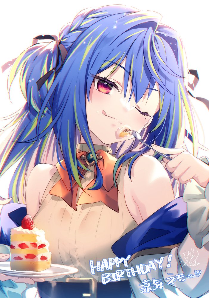 1girl ;d belt blue_hair bow bowtie braid cake character_name cowlick food fork green_hair hair_intakes hair_ribbon happy_birthday head_tilt holding holding_fork holding_plate jacket long_hair multicolored_hair nanashi_inc. off_shoulder one_eye_closed open_clothes open_jacket open_mouth plate red_eyes ribbon riichu shirt signature simple_background sleeveless sleeveless_shirt smile solo streaked_hair suzumi_nemo suzumi_nemo_(1st_costume) tongue tongue_out virtual_youtuber white_background