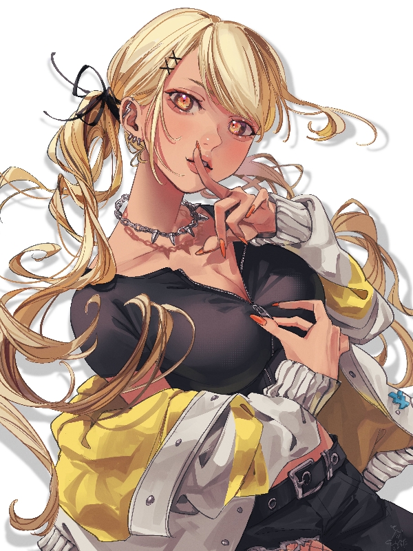 1girl asymmetrical_clothes barbell_piercing belt black_belt black_pants black_shirt blonde_hair breasts chain chain_necklace cleavage crop_top cropped_shirt ear_piercing earrings finger_to_mouth fingernails fishnets gyaru hair_ornament hair_ribbon industrial_piercing jacket jewelry kaminari_qpi kaminari_qpi_(2nd_costume) long_fingernails looking_at_viewer low_twintails midriff_peek necklace off_shoulder orange_eyes orange_nails pants parted_bangs parted_lips partially_unzipped piercing ribbon rokku_gyaru shirt shushing simple_background single_pantsleg solo spiked_necklace twintails virtual_youtuber vspo! white_background x_hair_ornament yellow_jacket zipper_top zoramaruta